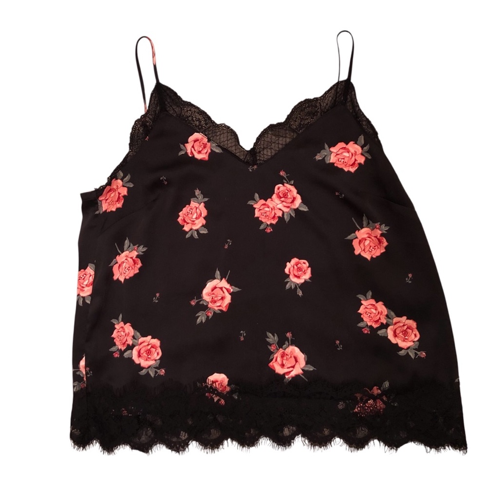 Y2K Black Satin Cami with Rose Print & Lace Trim Size S Feminine Cottagecore